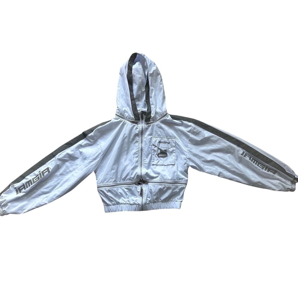 I.AM.GIA Women White Grey Cropped Hooded Windbreaker Jacket Zip Up size Small